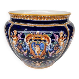 Earthenware cache pot from Gien, Renaissance model, 20th century.