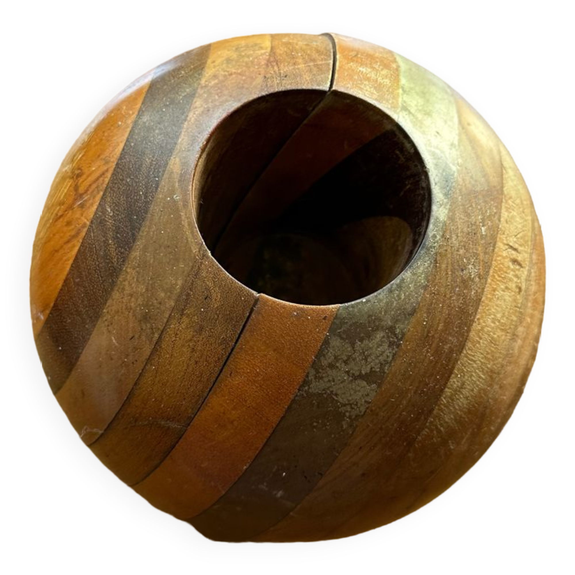 Large round wooden candle holder inlaid