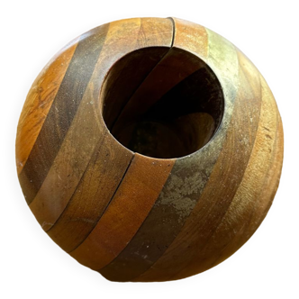 Large round wooden candle holder inlaid
