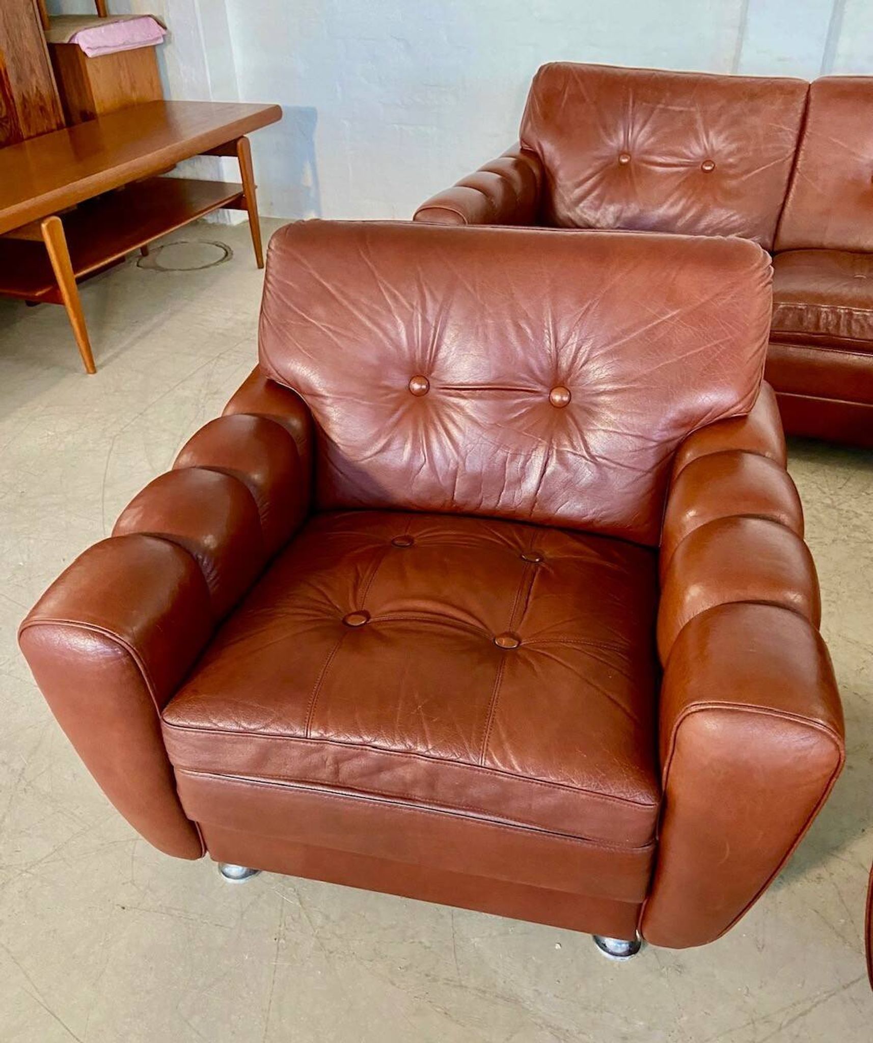 Vintage Danish mid-century Svend Skipper leather club chairs 1970s