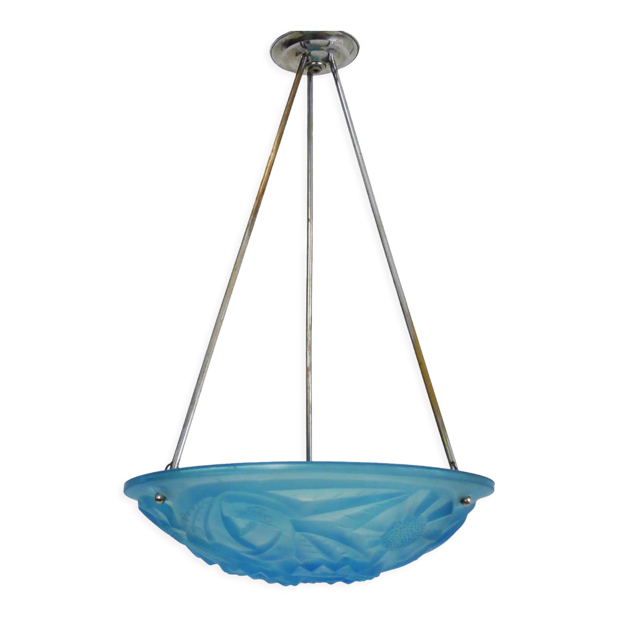 Old degue chandelier, suspension basin art deco 1 fire, in blue glass paste. signed degué