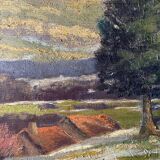 HSP painting "Snow landscape in the village" signed P. Debu dated 1942 + frame
