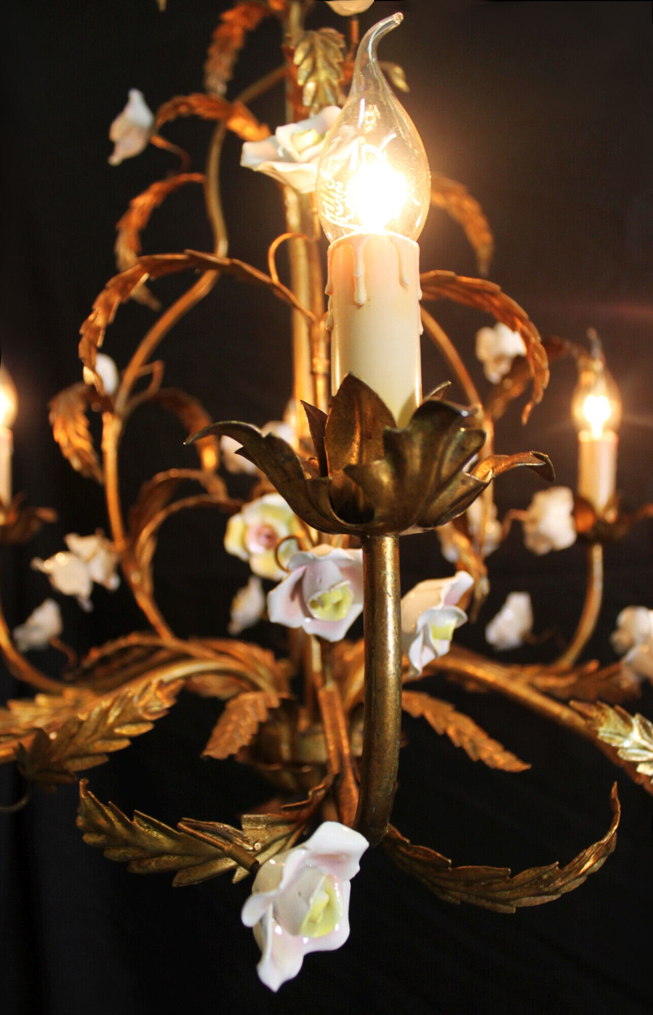 Golden metal chandelier with porcelain flowers, 50's