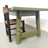Glossy olive green lacquered dining table — DLG Georges Robert, Circa 1970