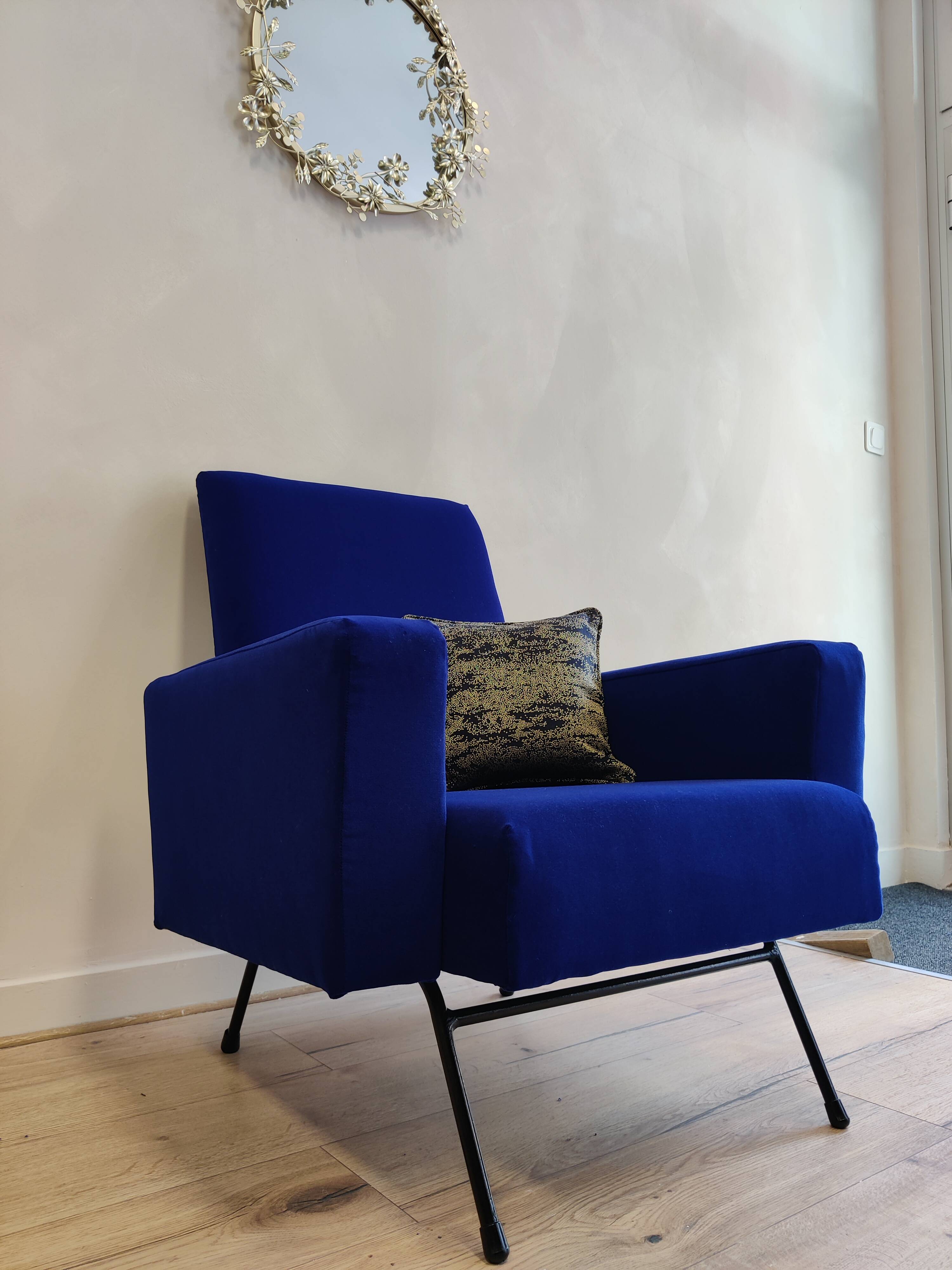 Vintage blue velvet armchair