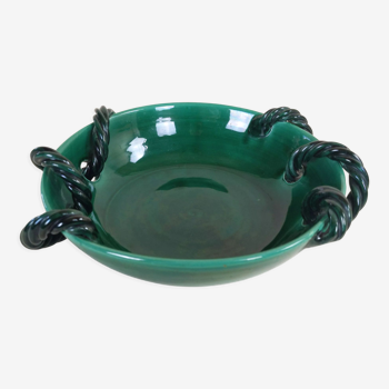 Bol en céramique avec glaçure verte et poignées torsadées par Hélène Ugo Vallauris