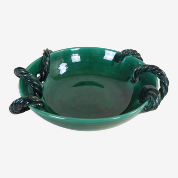 Ceramic bowl with green glaze and twisted handles by Hélène Ugo Vallauris