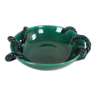 Ceramic bowl with green glaze and twisted handles by Hélène Ugo Vallauris