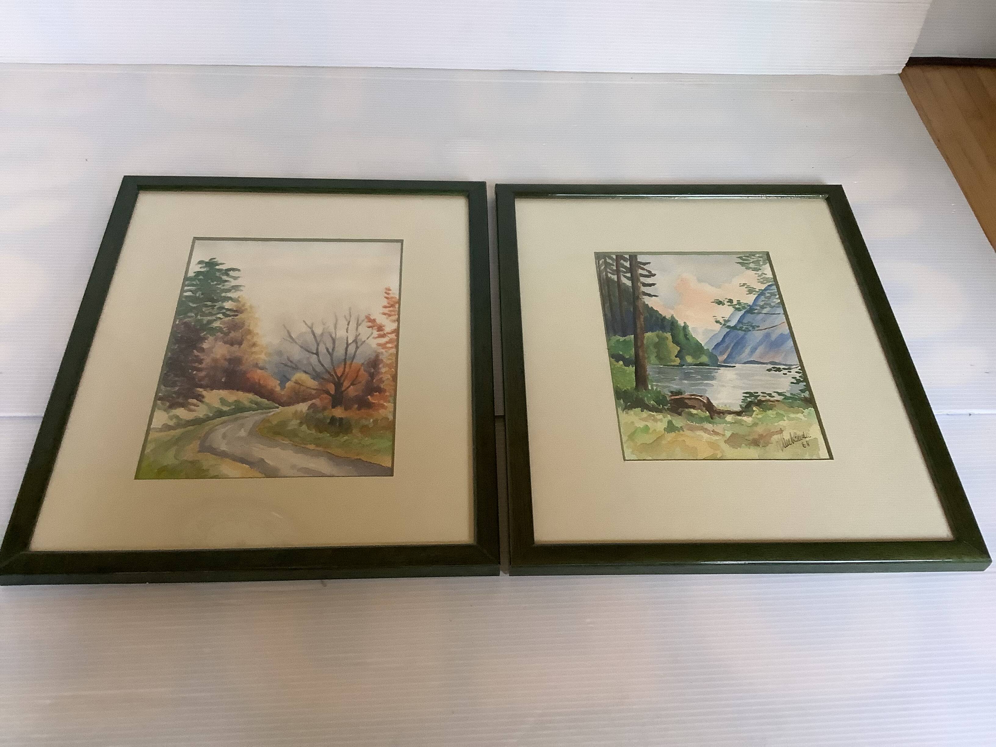 Pair of frames with watercolour landscapes of nature
