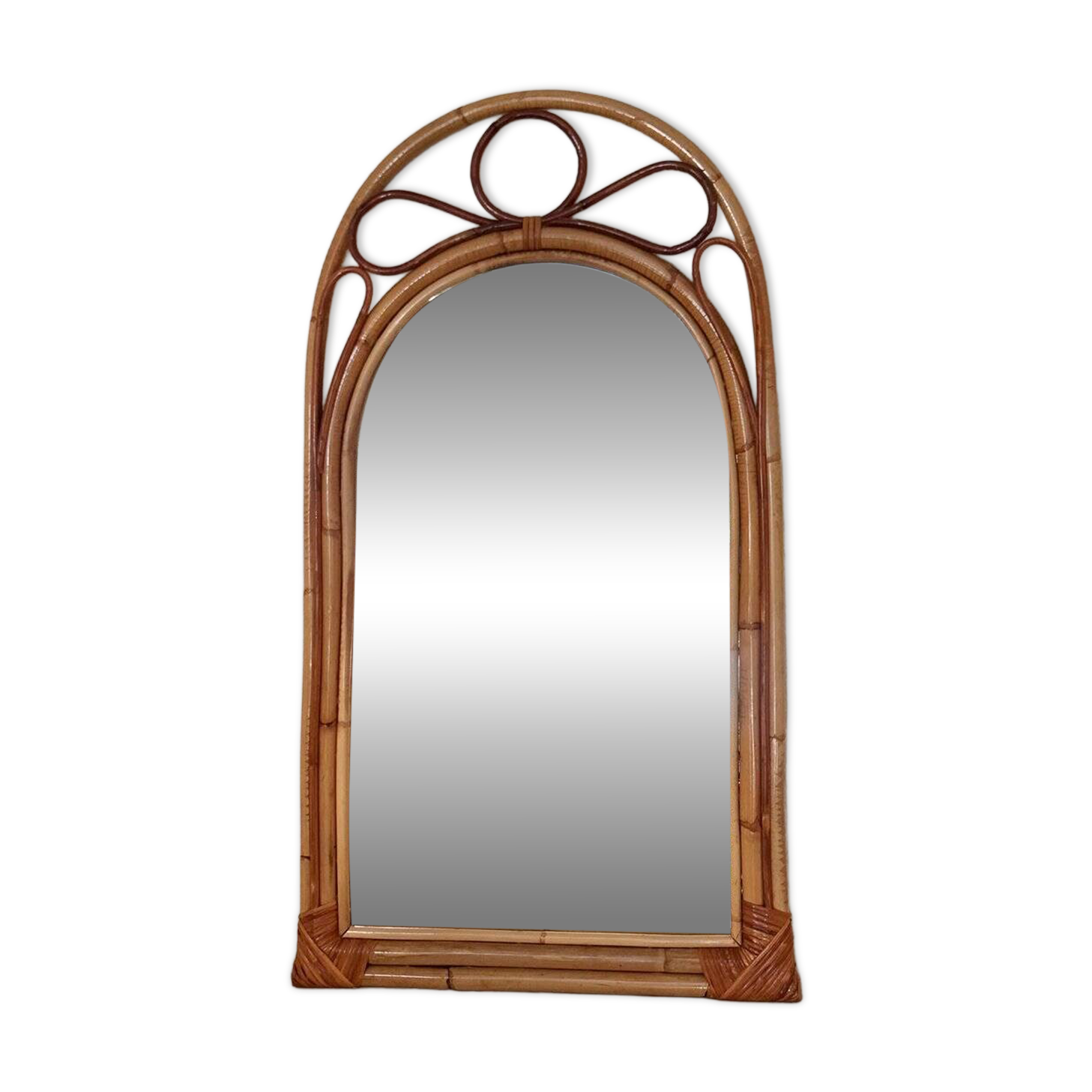 Arched Spanish wall mirror in rattan and bamboo, 1960s.