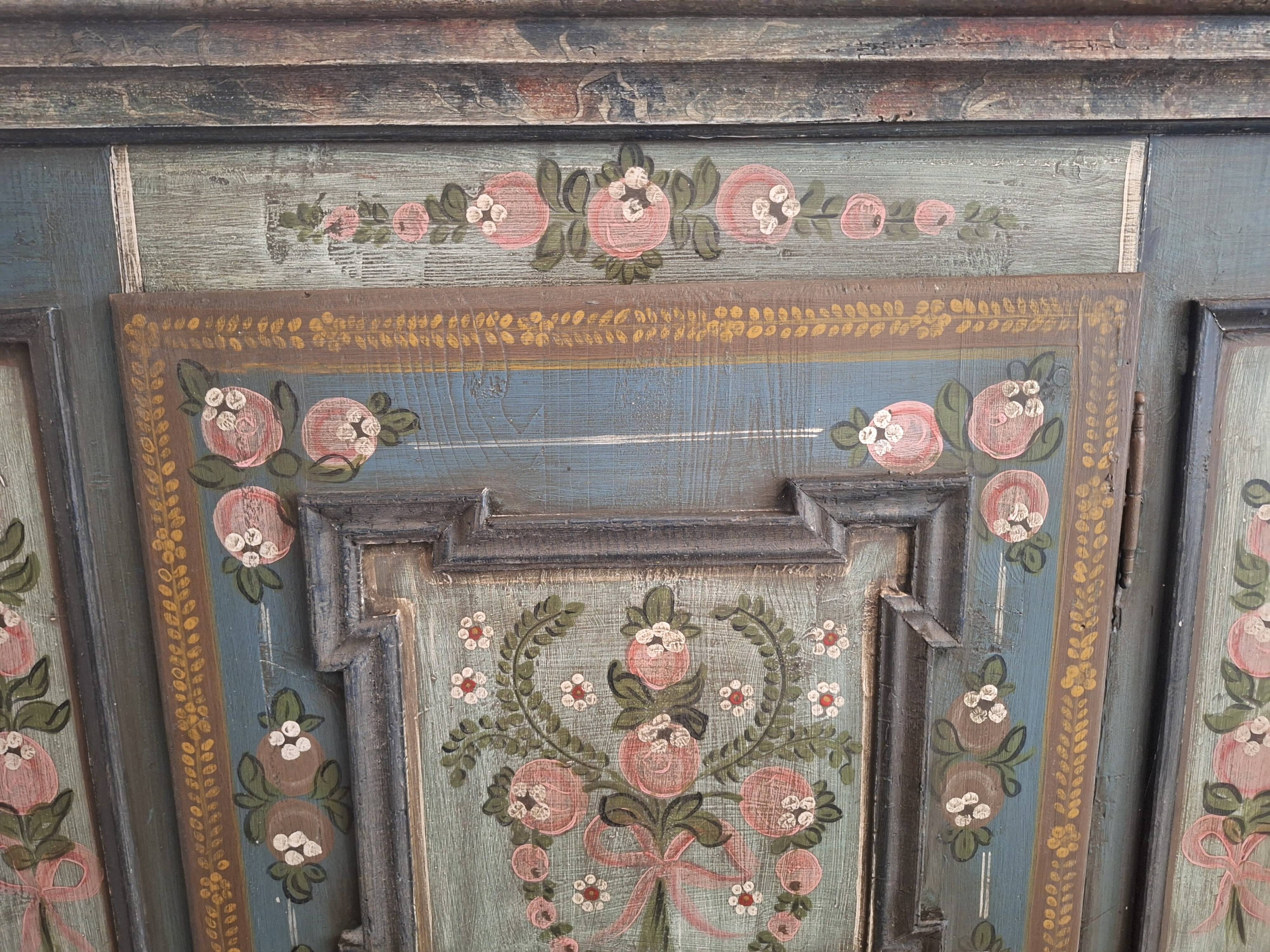 Antique blue hand-painted small Alpine wardrobe, circa 1810-20