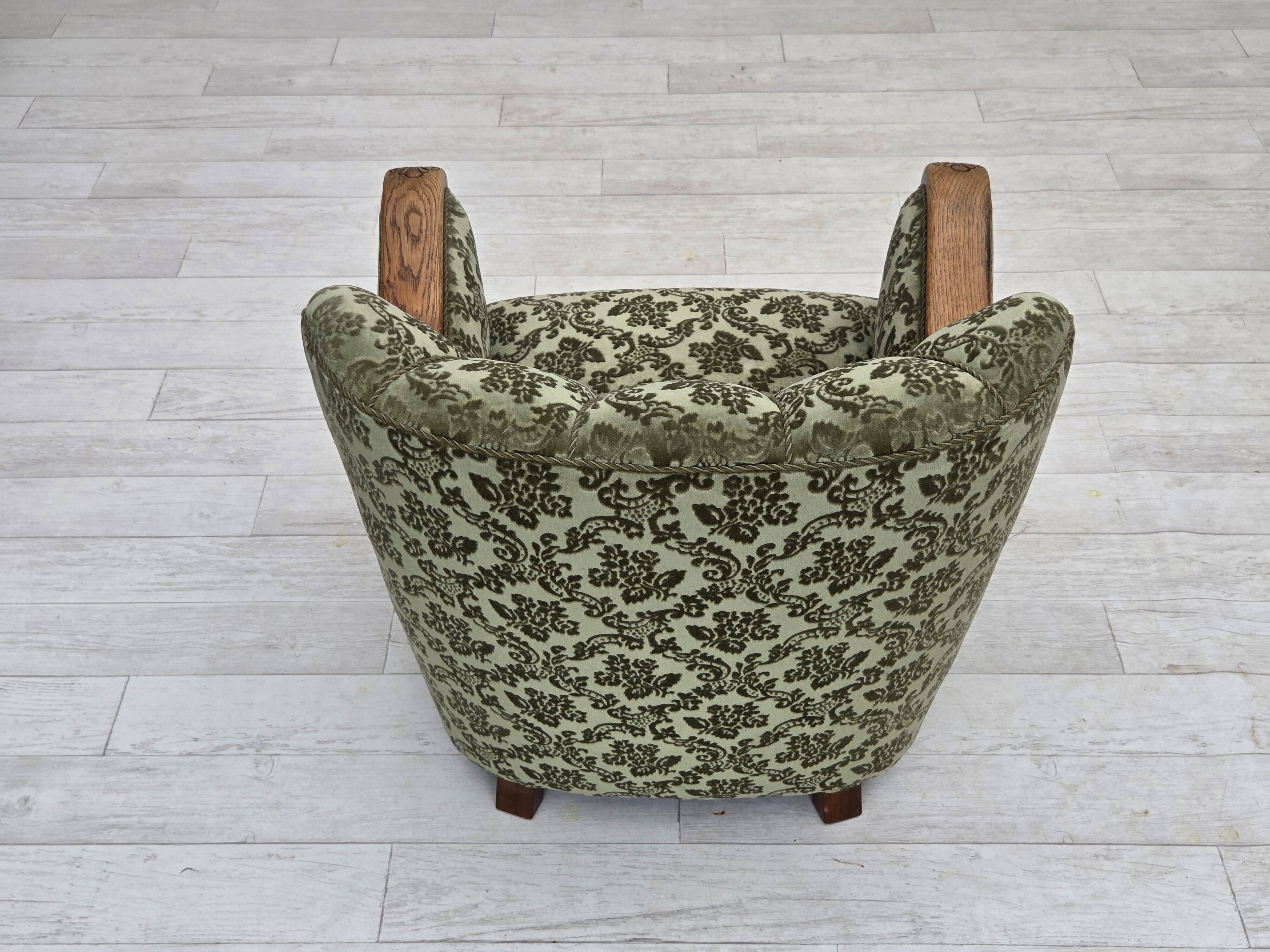 1960s, Danish armchair, green furniture velour, solid oak wood.
