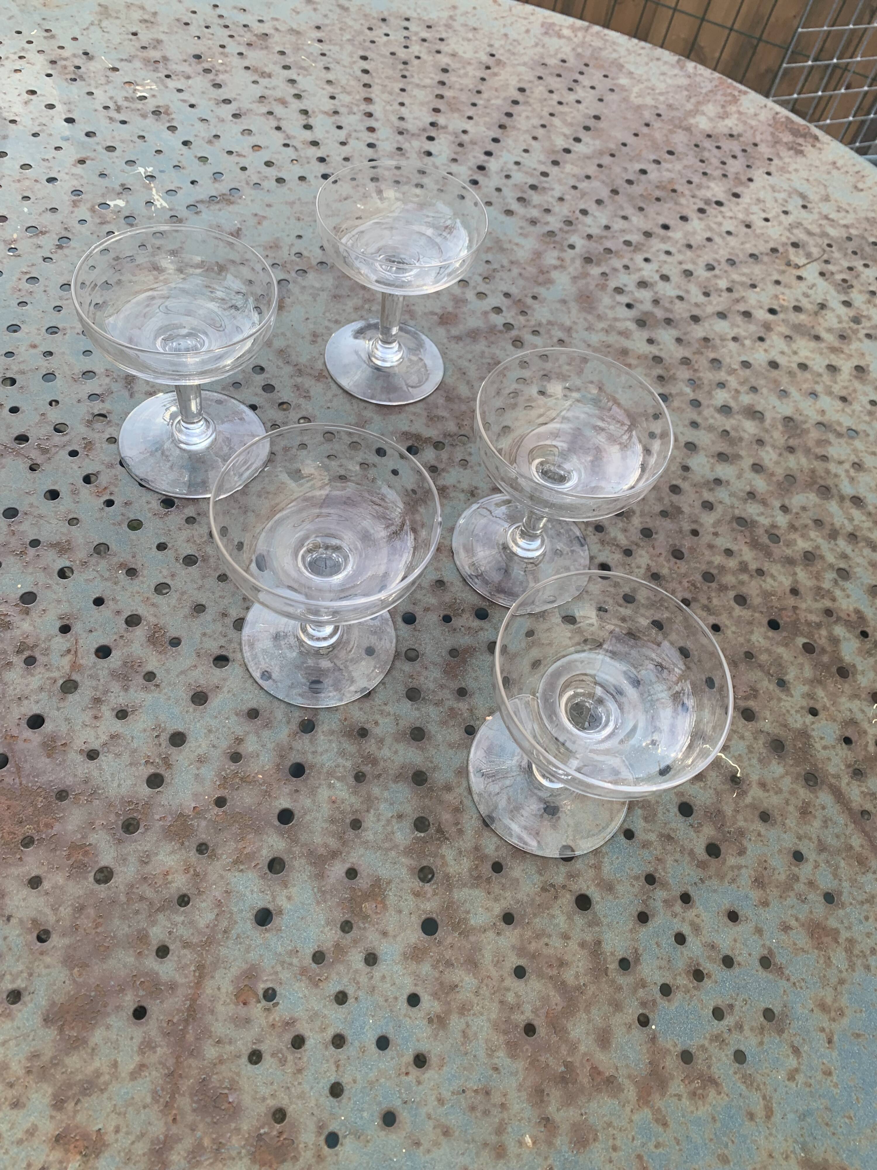 5 vintage transparent glass champagne glasses