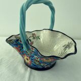 Large earthenware basket, Longwy enamels, turquoise blue cloisonné, twisted handle, stamp