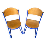 Pair of Chairs SOUVIGNET Model ELODIE Metal Blue & Wood Made in France
