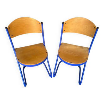 Pair of Chairs SOUVIGNET Model ELODIE Metal Blue & Wood Made in France