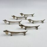 Set of 6 silver metal Dachshund knife holders, 1970s