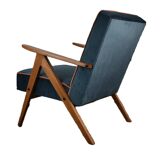 Chaise compas restaurée, tissu jaune canari, fil orange, teck, 1960