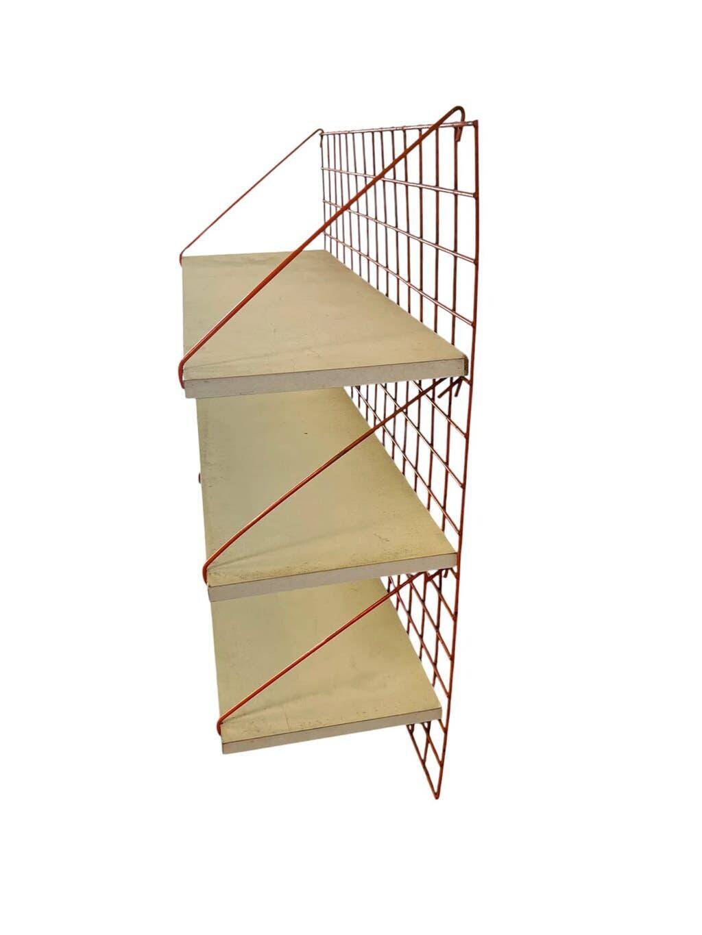 Vintage orange-red multi-level wall shelf with grid