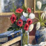 Original early century Swedish oil on canvas – "Tulips and Poppies" by Johan Jacobsson – vintage & framed 68 × 80 cm (26.8" × 31.5")
