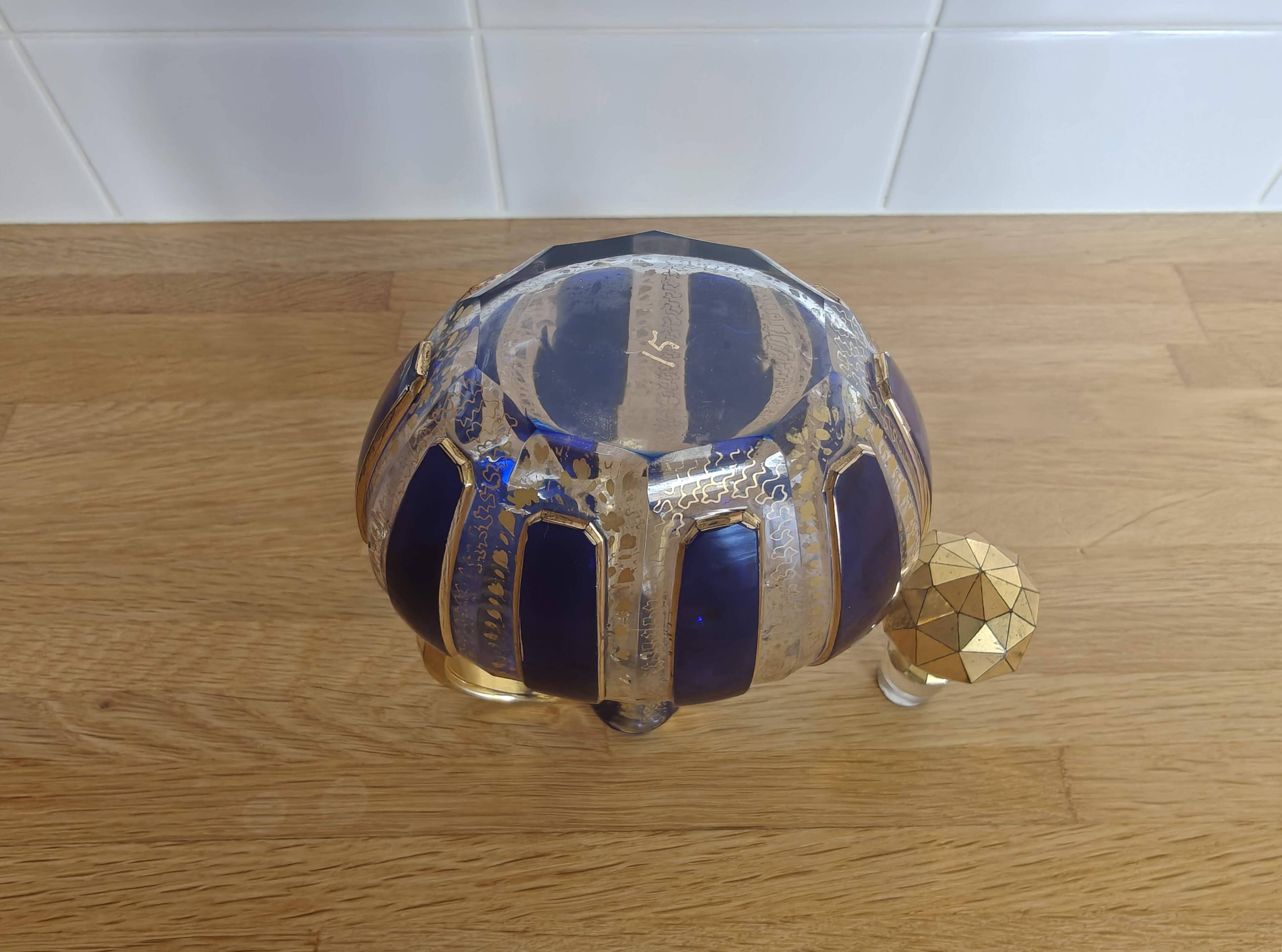 Vintage Moser style carafe / flask, cobalt blue and gold.