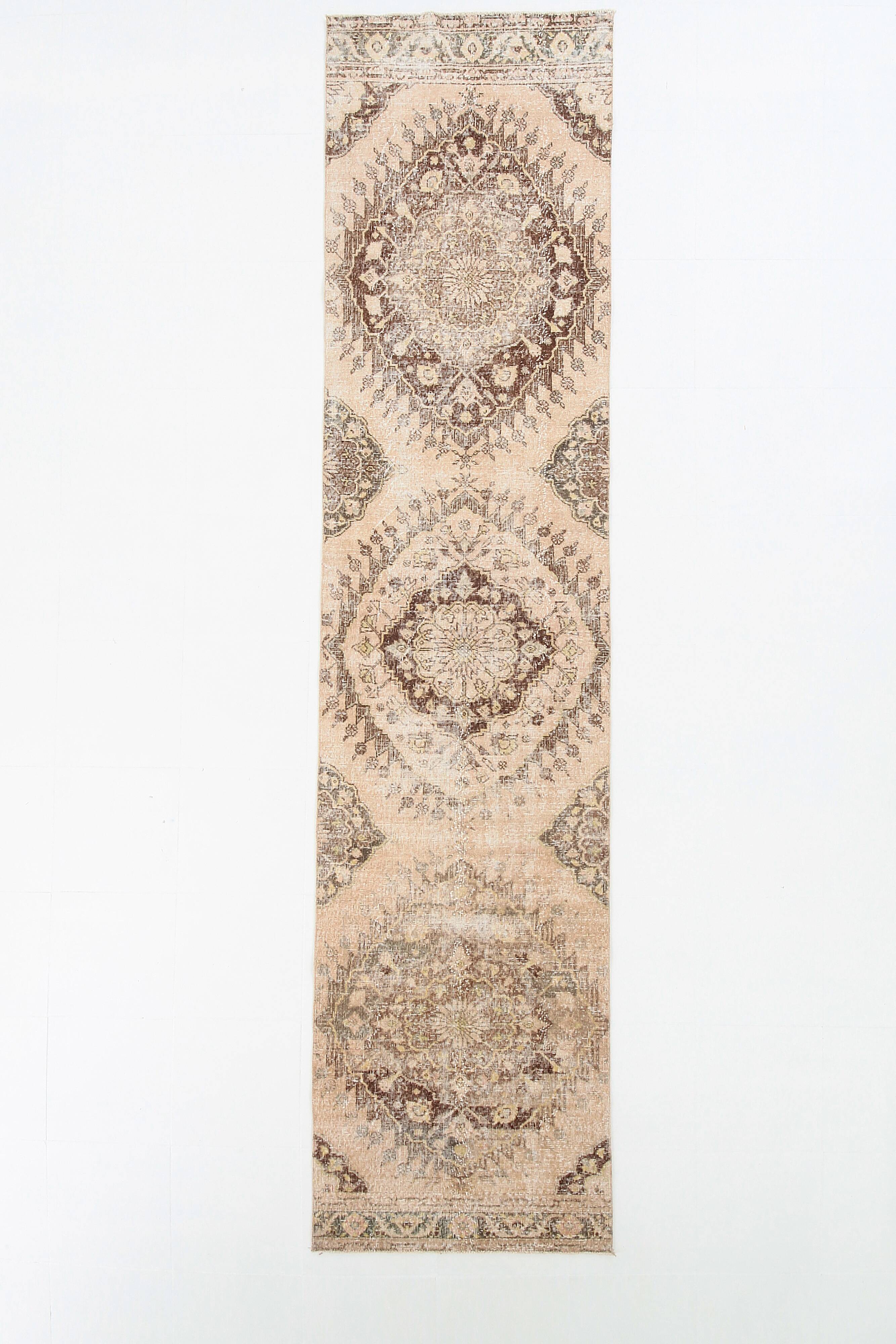 3x13 Persian Cream & Brown Oriental Vintage Runner Rug, 91x392Cm