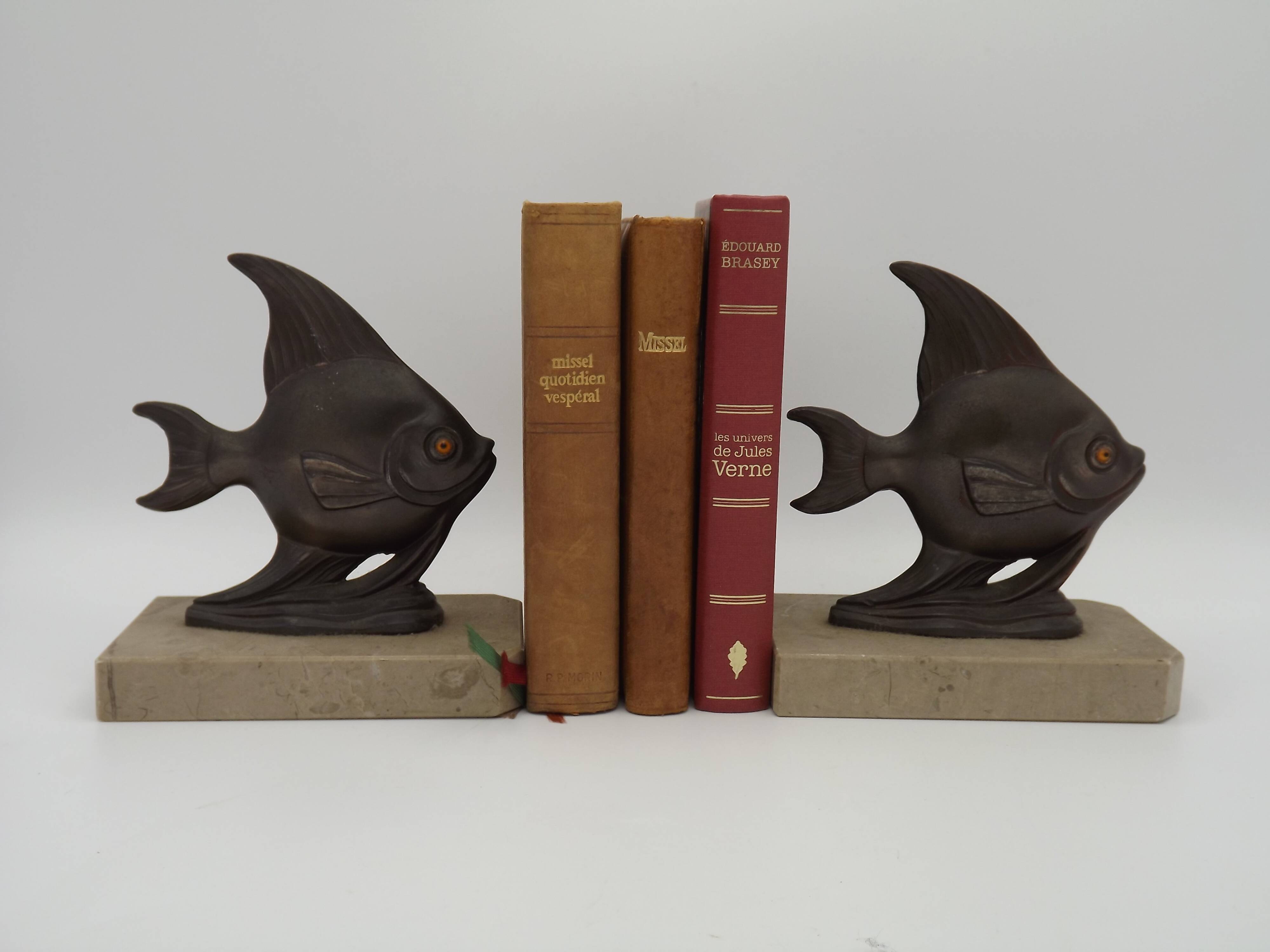Vintage French Art Deco Fish Book Ends - Marble and Spelter Bookends