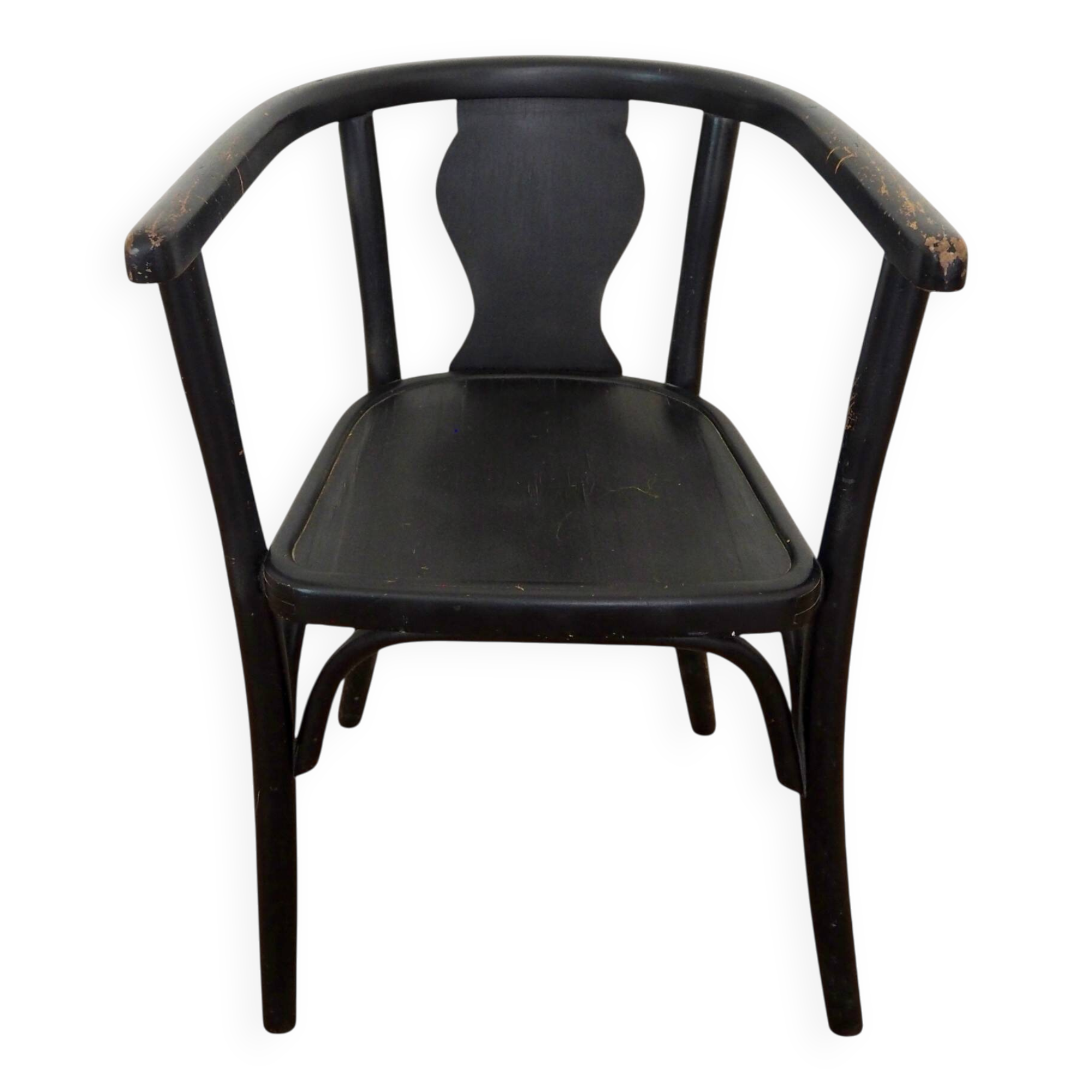 Curved black lacquered wooden armchair in Thonet style