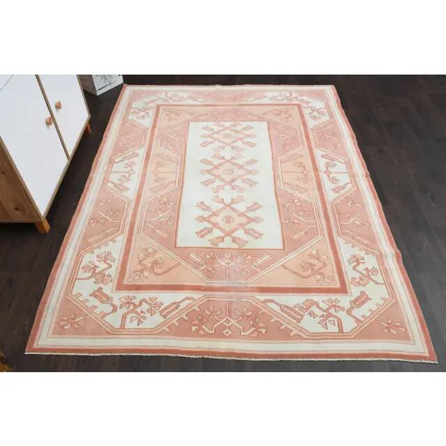 1970s Vintage Turkish Oushak Handmade Wool Cotton Pink Area Rug  168x220