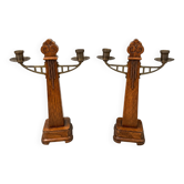 1925 Art Deco Amsterdam School Oak and Brass Candlesticks - Centenary