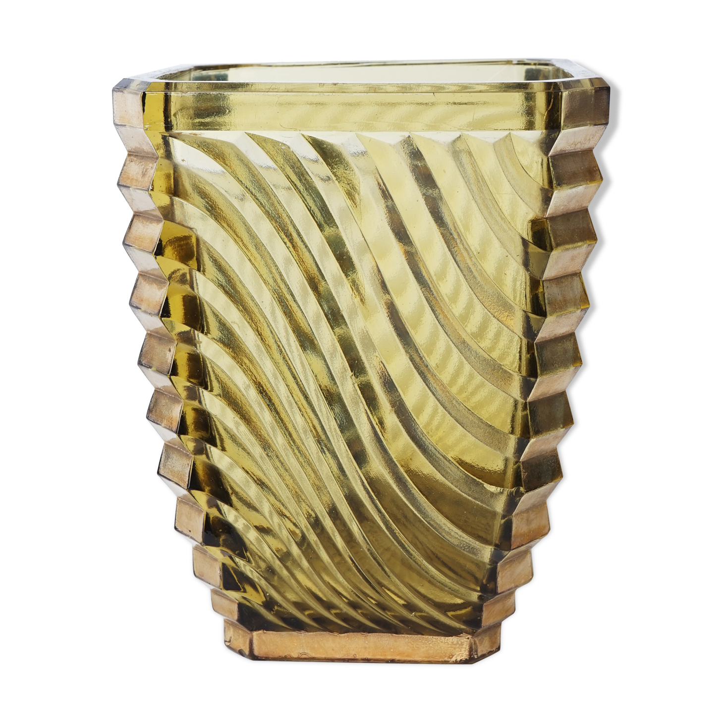 Rectangular vase yellow glass with gold groove