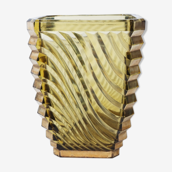 Rectangular vase yellow glass with gold groove