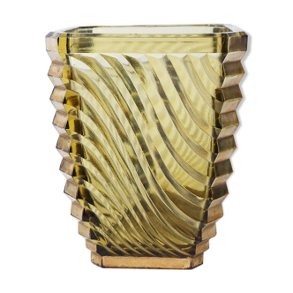 Rectangular vase yellow glass with gold groove