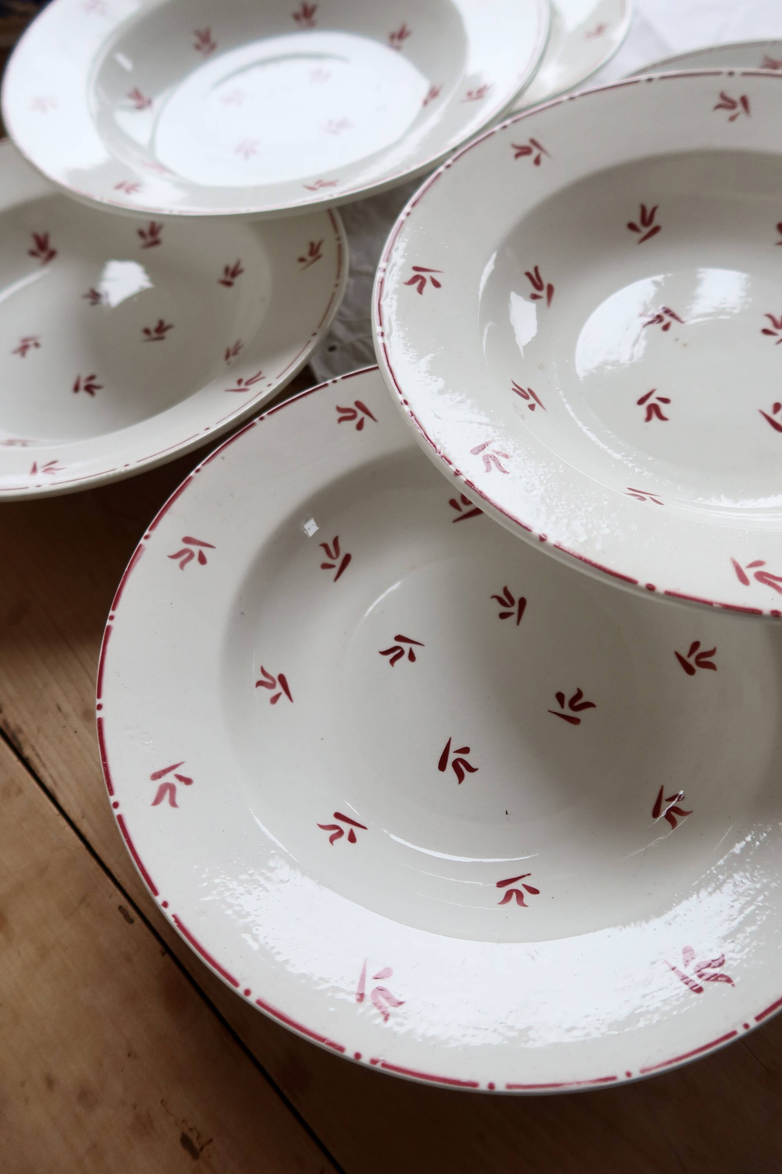 6 vintage white earthenware deep plates with red patterns