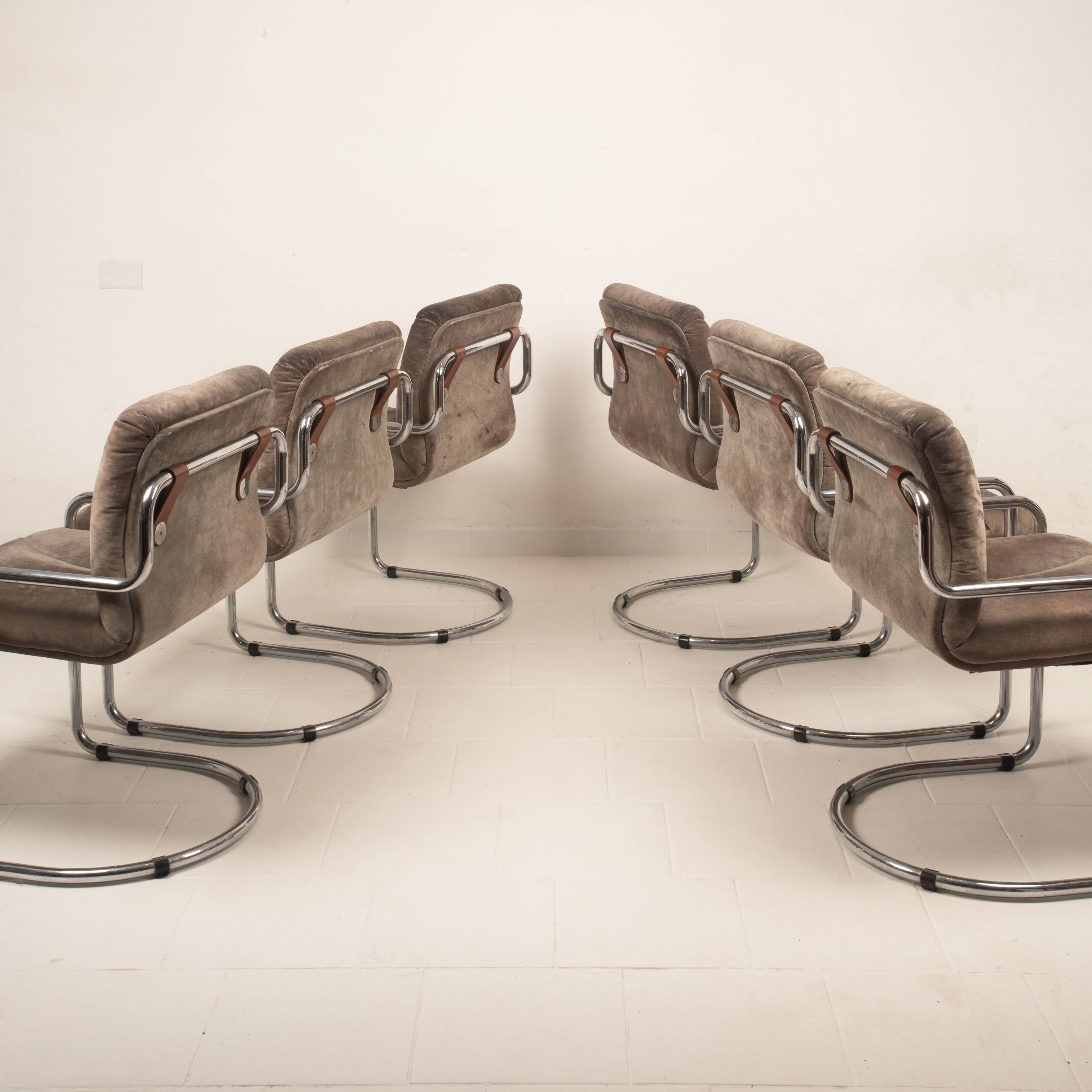 Guido Faleschini Italian Astro Chrome and Taupe Suede Armchairs for i4 Mariani