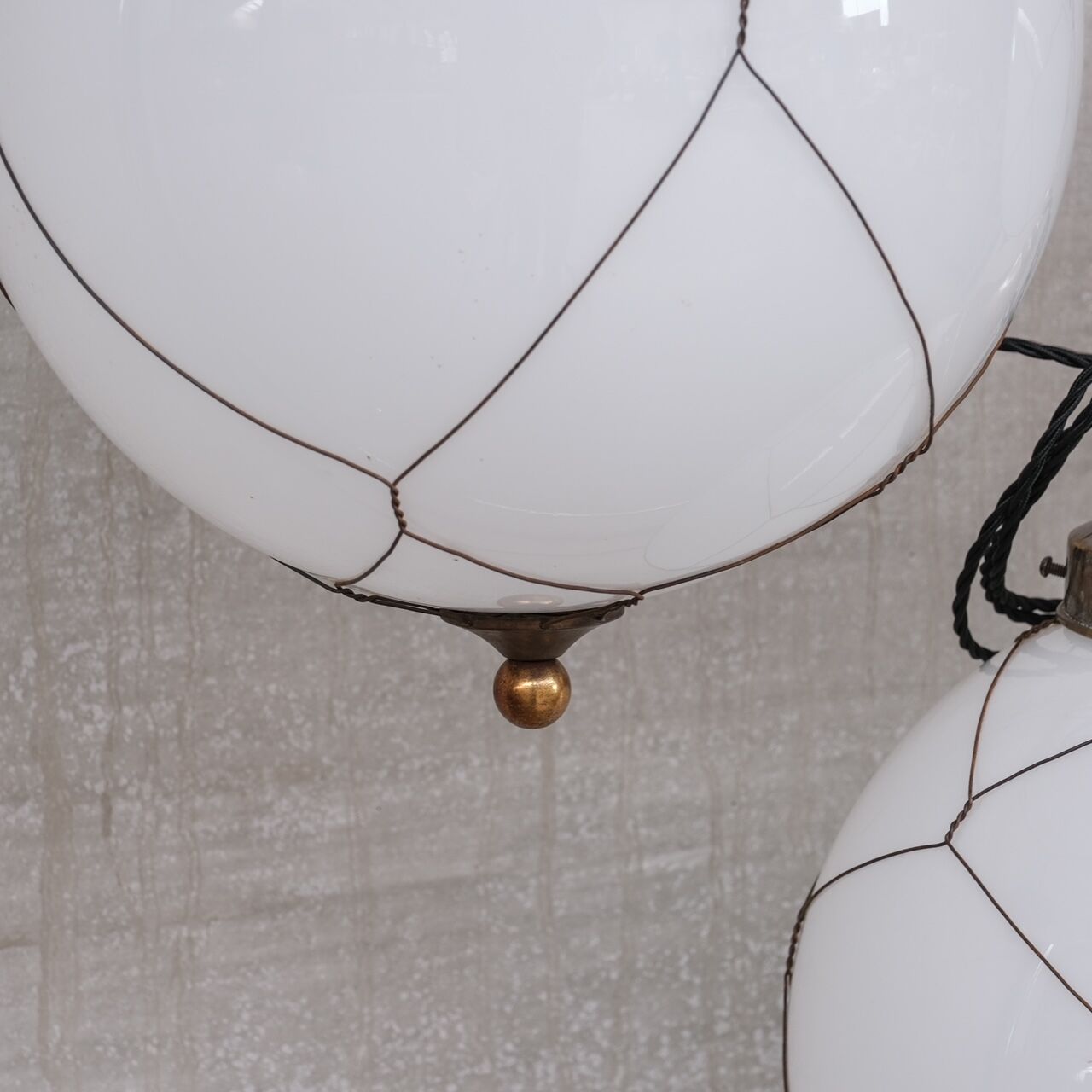 Opaline and brass mid-century caged pendant