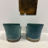 Duo of upholstered blue toad armchairs