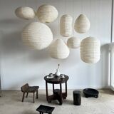 Suspension in rattan and natural japanese linen in the shape of a drop