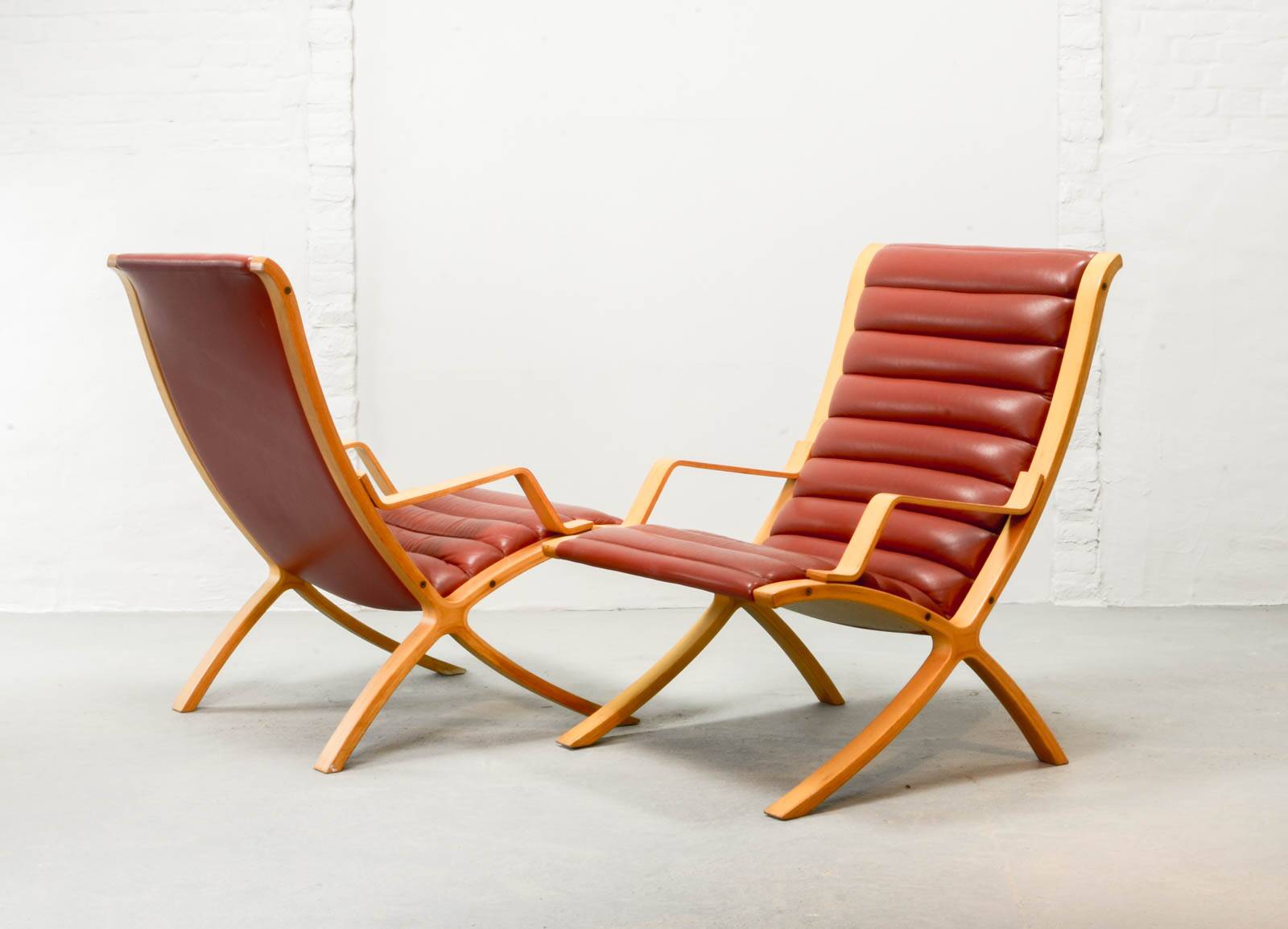 Padded Red Leather High Back AX Lounge Chairs by Hvidt and Molgaard Nielsen