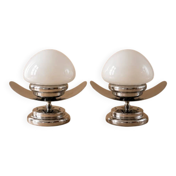 Pair of Space Age lamps in chrome and opaline glass, 1970s