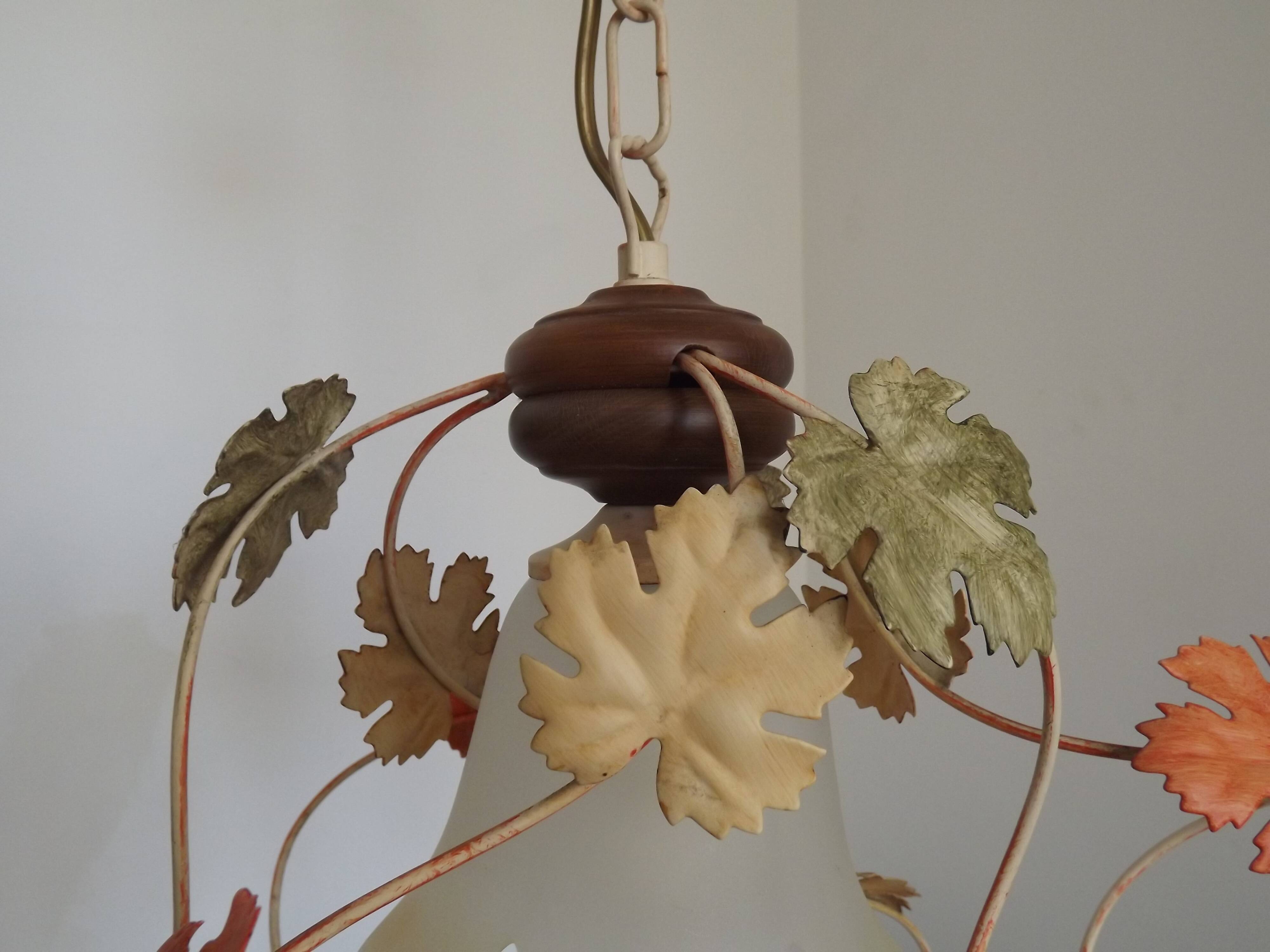 French Vintage Leaf Metal and Wood Hanging Light Textured Glass Shade