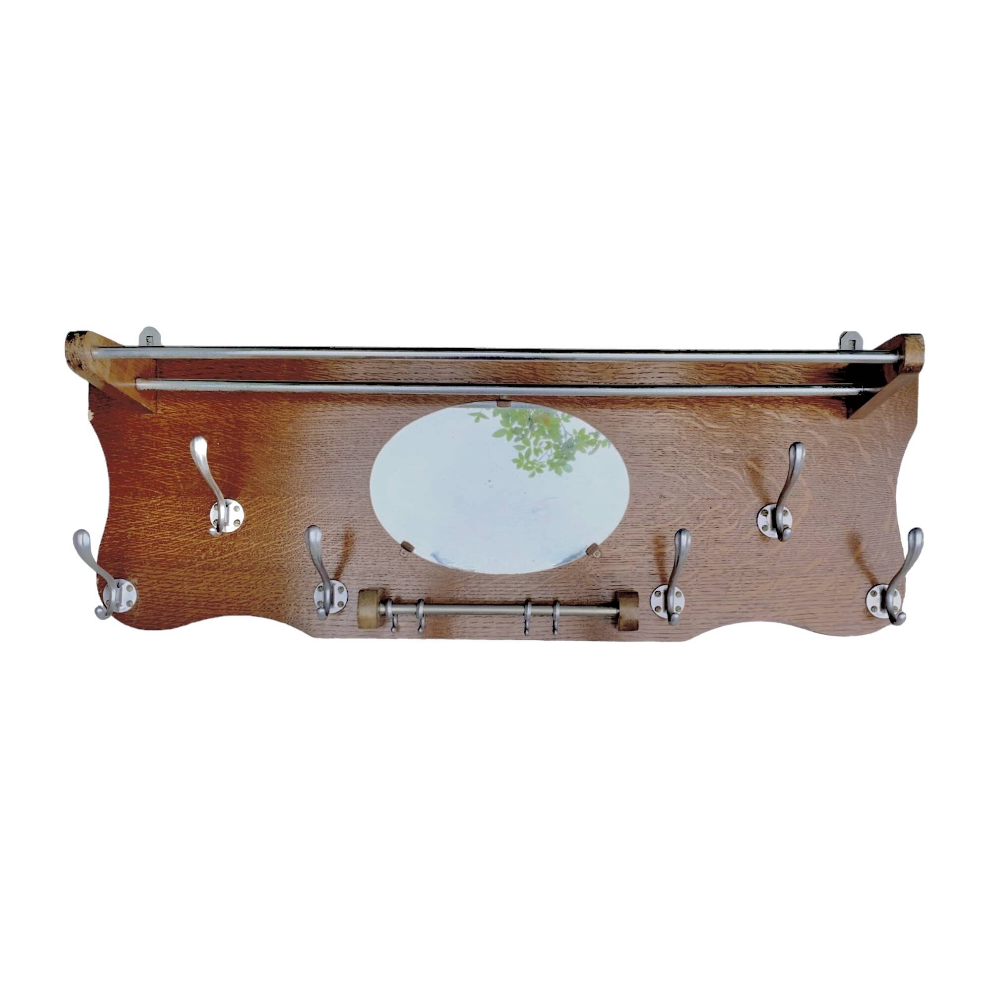 Large Art Deco wooden wall coat rack with mirror and hat rack