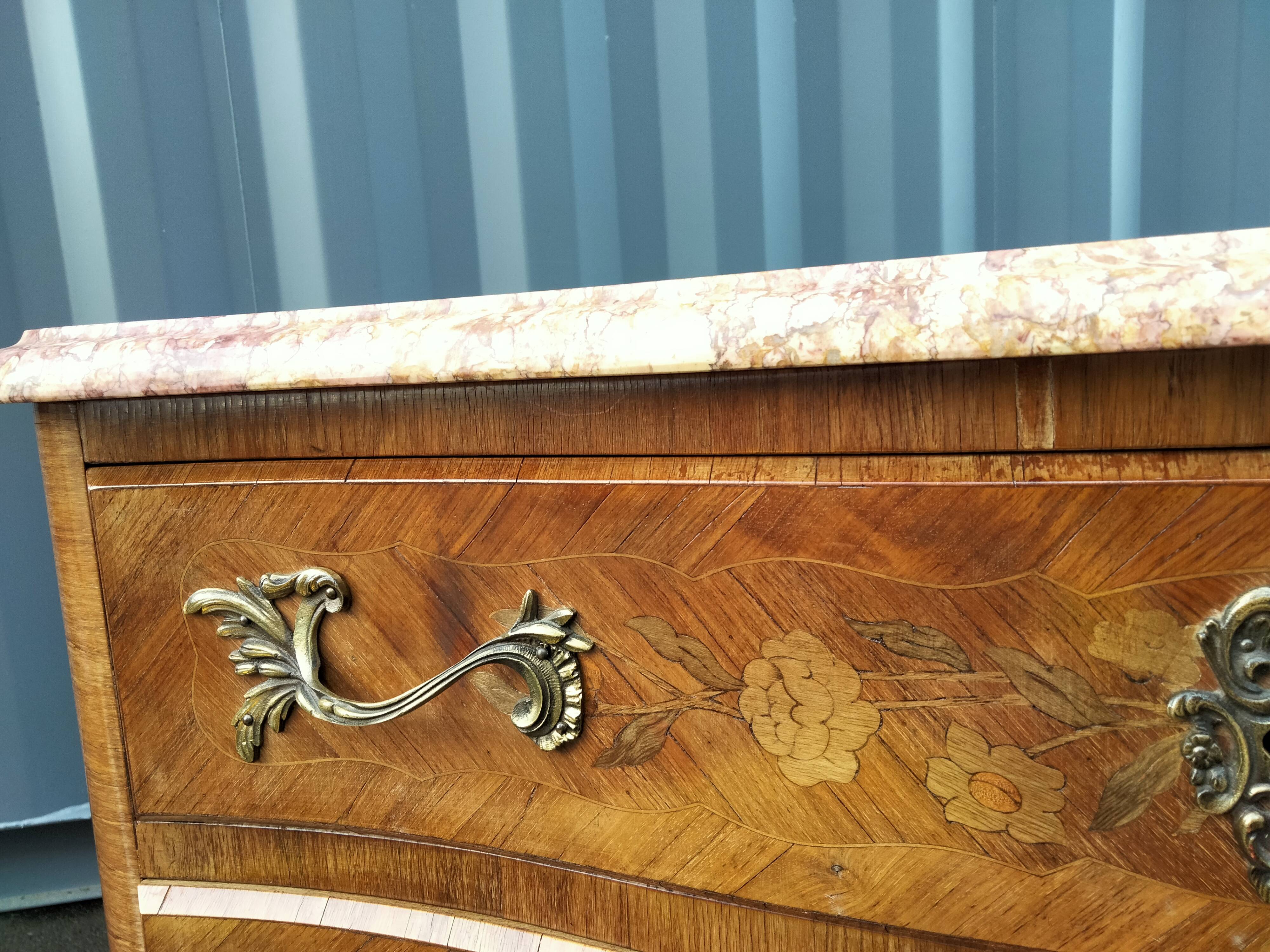 Chest of drawers old marquetry marble top Louis XV style