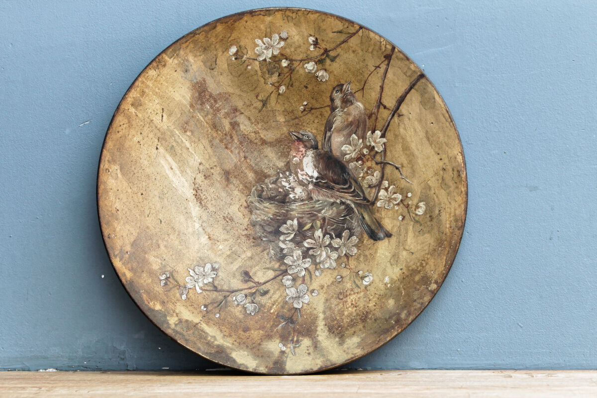 Bird dish, painted sheet metal, signed