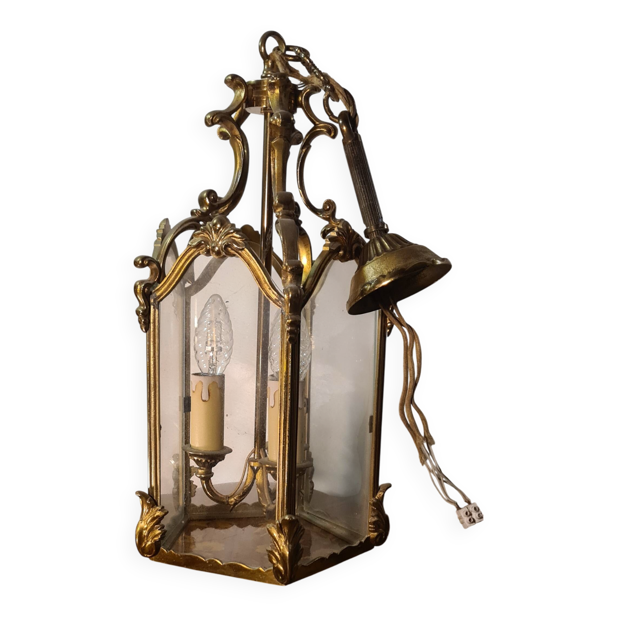 Suspension lanterne 3 feux bronze h40x20 avec fixation 60 cm bon etat