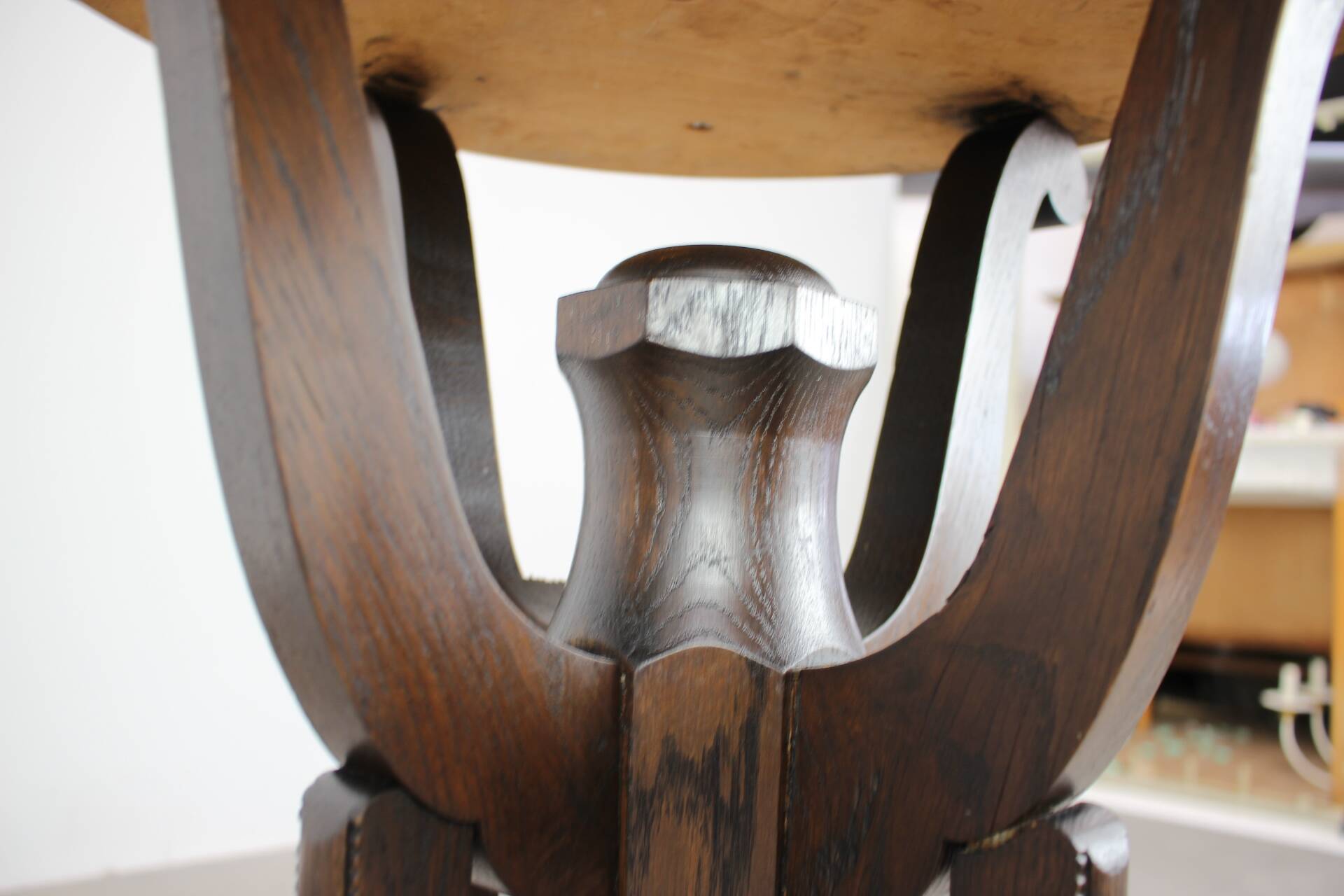 Art Deco chess table from the 1930s with a hand-decorated brass top and a stained oak base.