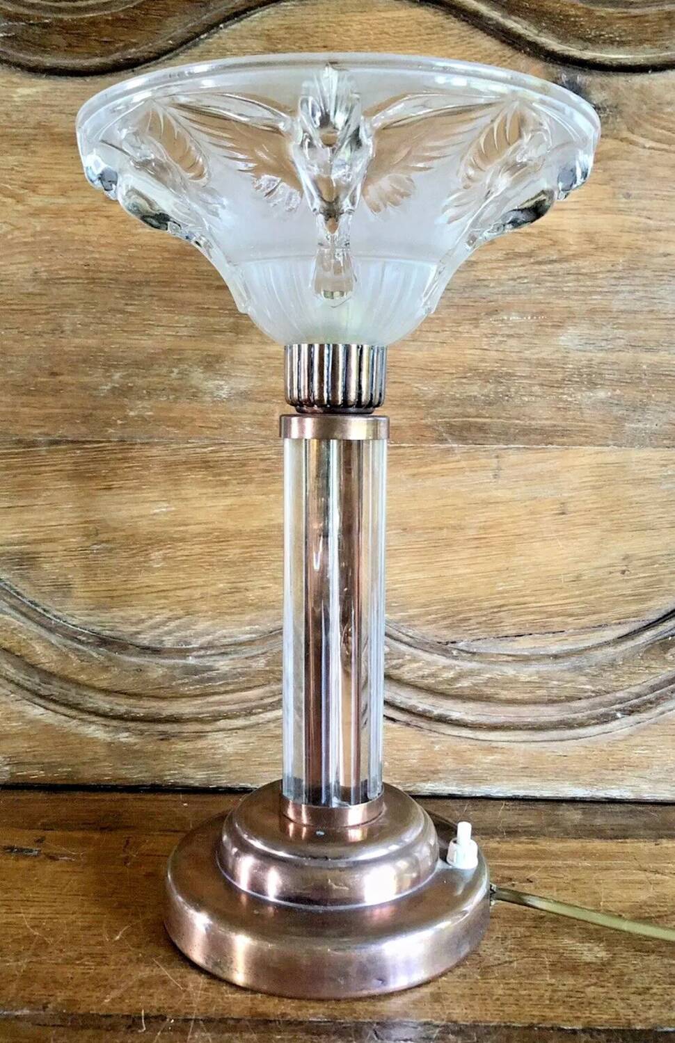 Art Deco lamp with glass tube base Petitot bird basin signed Jean Boris Lacroix