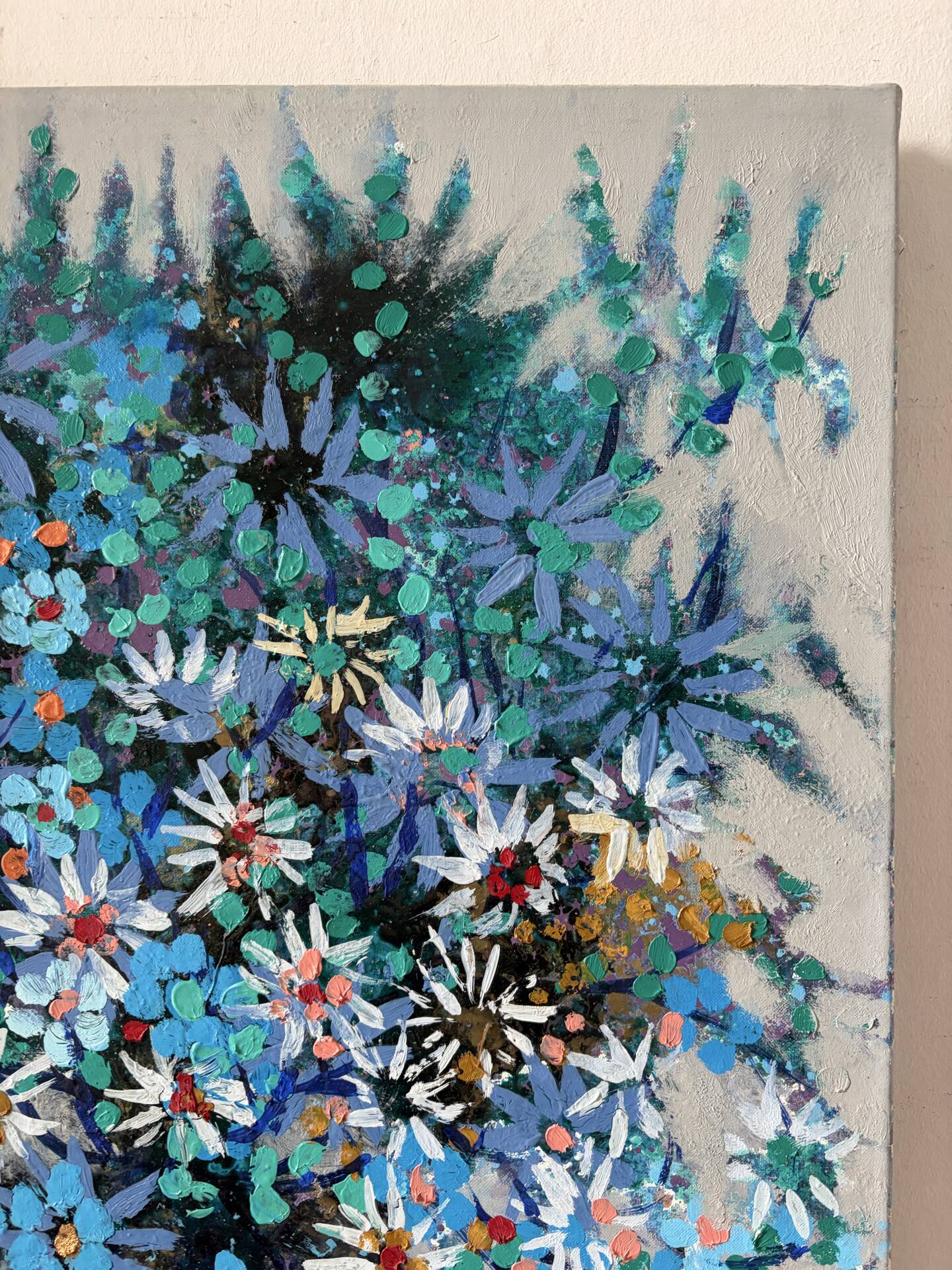 Blue flowers in celebration, oil on canvas signed Jacques Rouquier.