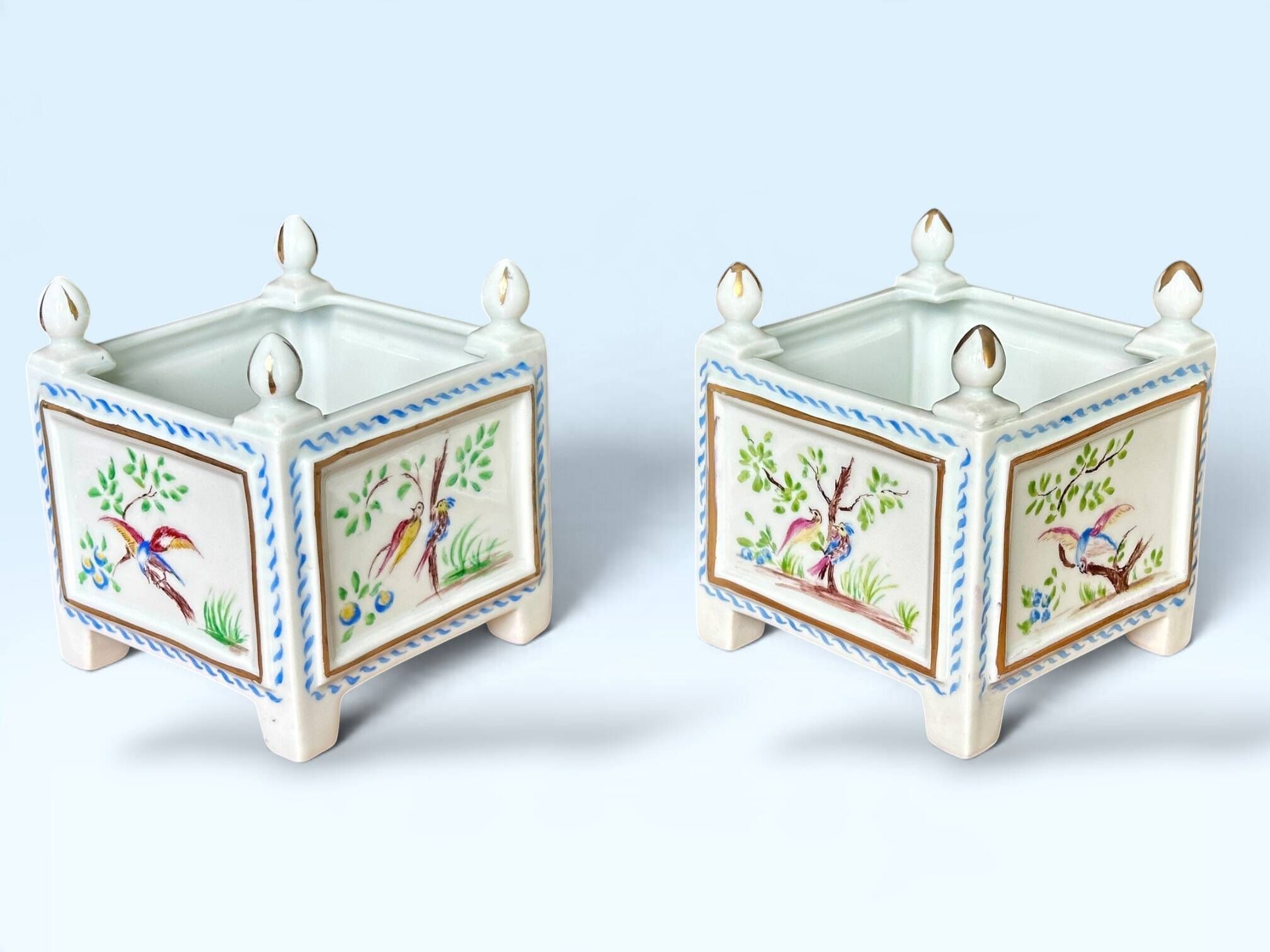 Pair of square flower pots, porcelain planters from Limoges, signed.