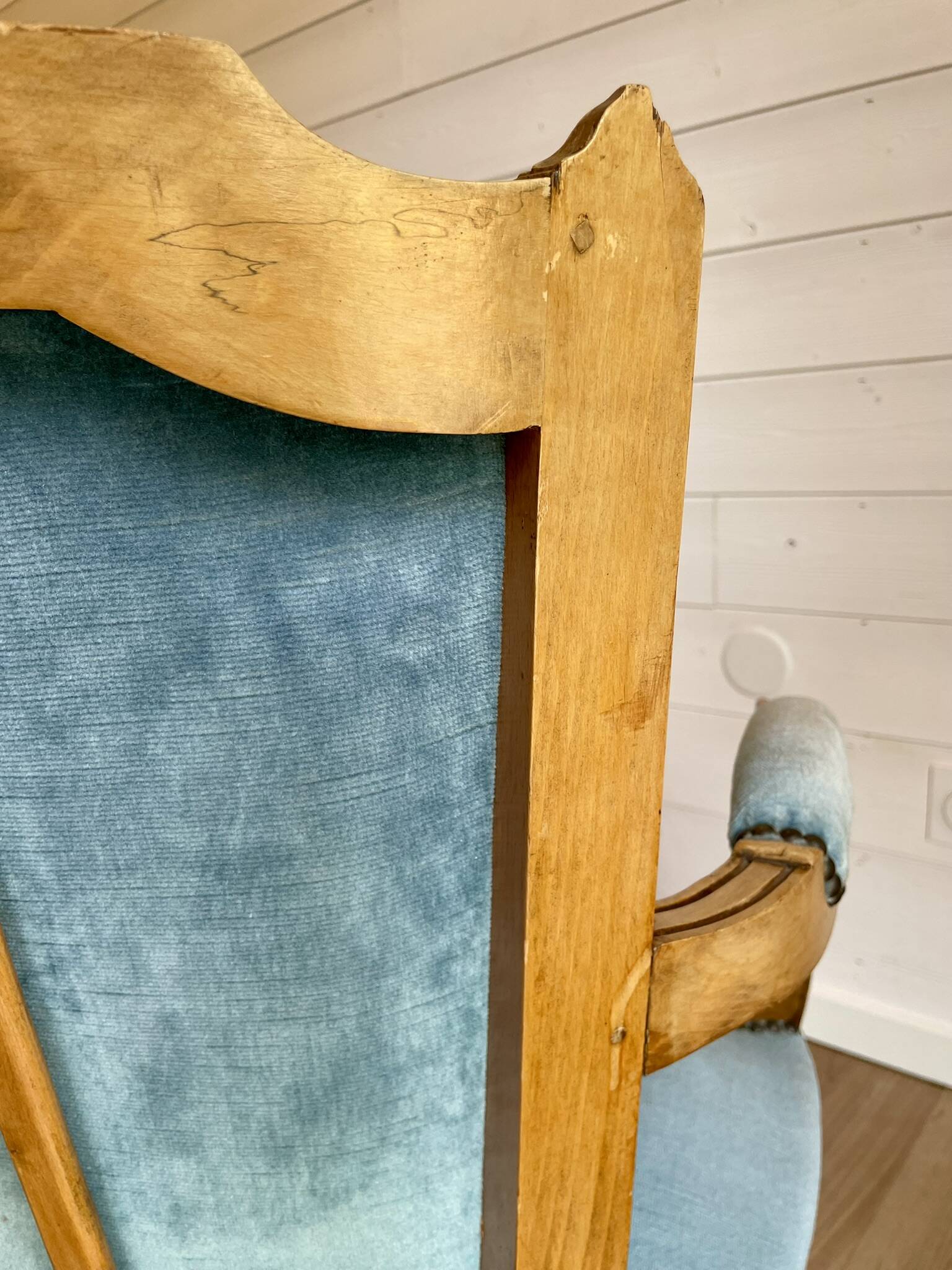 Pair of Louis XVI vintage cabriolet armchairs in duck blue velvet and wood.